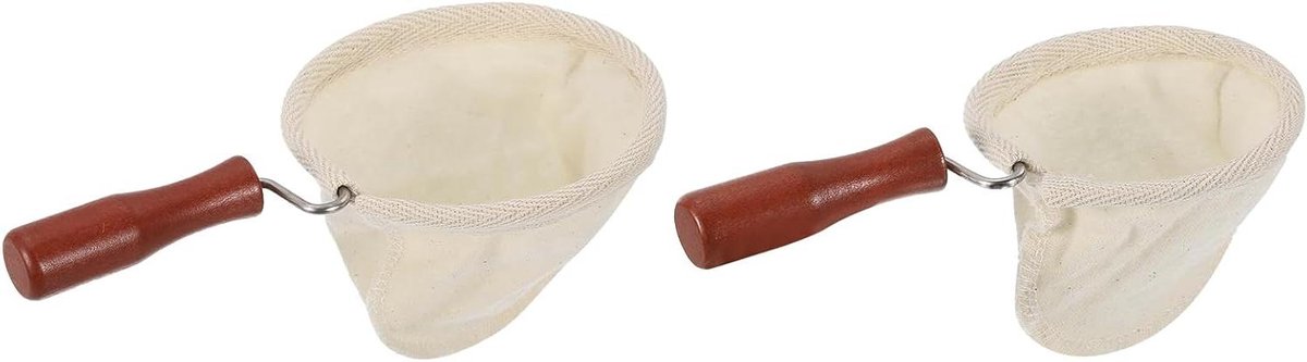 Allecta - Herbruikbare stoffen koffiefilterzakken met houten handvat - set van 2 - beige