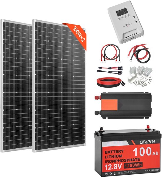 Complete Zonnepanelen Set - 400W 12V - 2x 200W Monokristallijne Panelen - 12,8V 100Ah LiFePO4 Accu - 40A MPPT Laadregelaar - 1000W Omvormer - Voor Camper, Boot, Off-grid