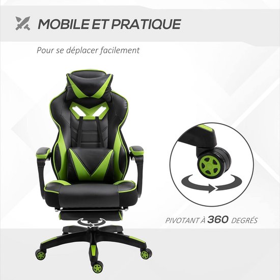 Ergonomische Gaming Stoel met Voetensteun en Kussens - In Hoogte Verstelbaar - Zwart Groen — afbeelding 3