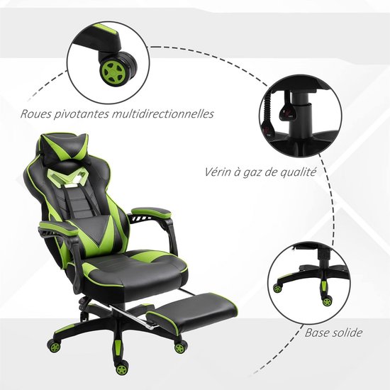 Ergonomische Gaming Stoel met Voetensteun en Kussens - In Hoogte Verstelbaar - Zwart Groen — afbeelding 5