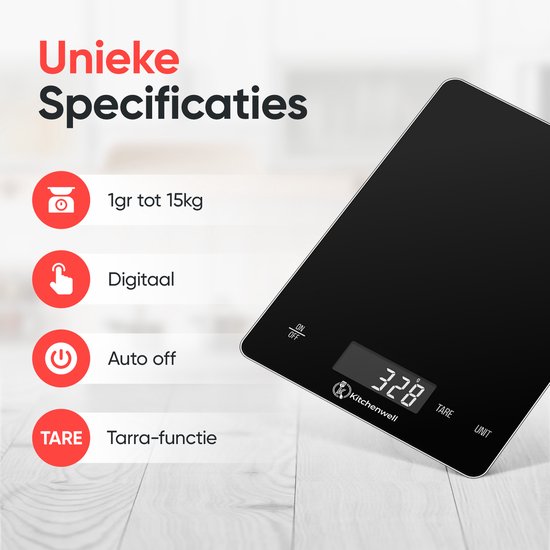 Kitchenwell Digitale Precisie Keukenweegschaal – Weegschaal Keuken - 1gr - 15kg – Tarra Functie - USB Oplaadbaar - Zwart