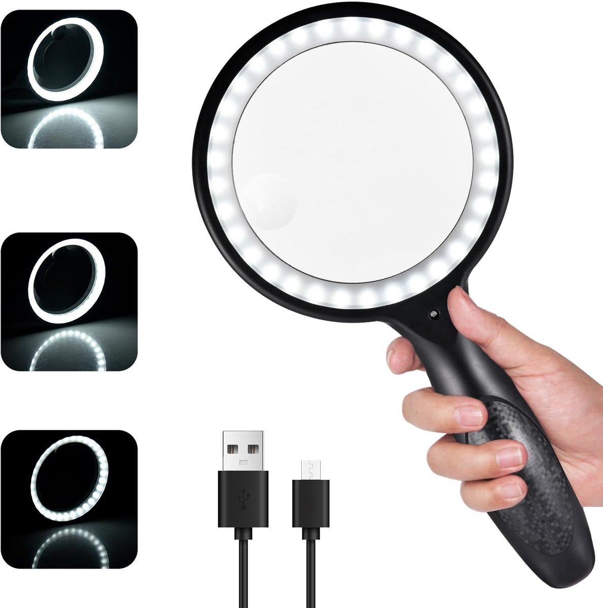 Vergrootglas met licht, 60x 30x handloep, 3 standen, 33 LED leesloep met licht voor slechtziende senioren, inspectie, verkenning, zwart