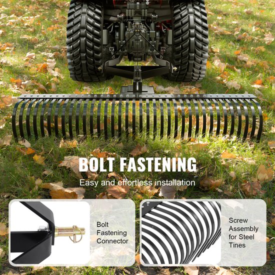 72" sleepverticuteermachine, 36 stalen tanden, 3-punts gazonhark voor tractor, landschapshark voor tuin en boerderij, verzamelt gras, bladeren en afval van Merkloos	 — afbeelding 4