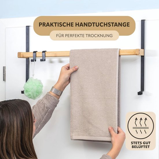 eluno Hangende deurrek van metaal en bamboe, handdoekhouder met 2 handdoekstangen, 4 praktische haken, om op te hangen zonder boren (wit