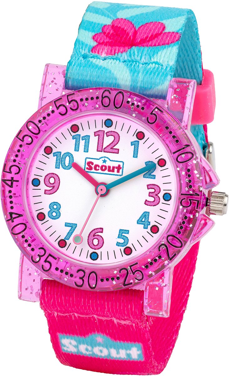 Scout Kinderuhr analog aus der Serie "The IT Collection" mit türkis pinkem Textilband, Flamingo und Blumen-Motiven und Quarzwerk