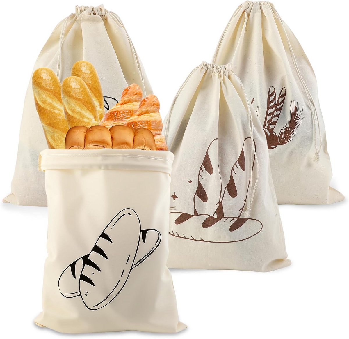 Herbruikbare Katoenen Broodzakken - Set van 4, Ongbleekt, Met Trekkoord (40 x 30 cm)