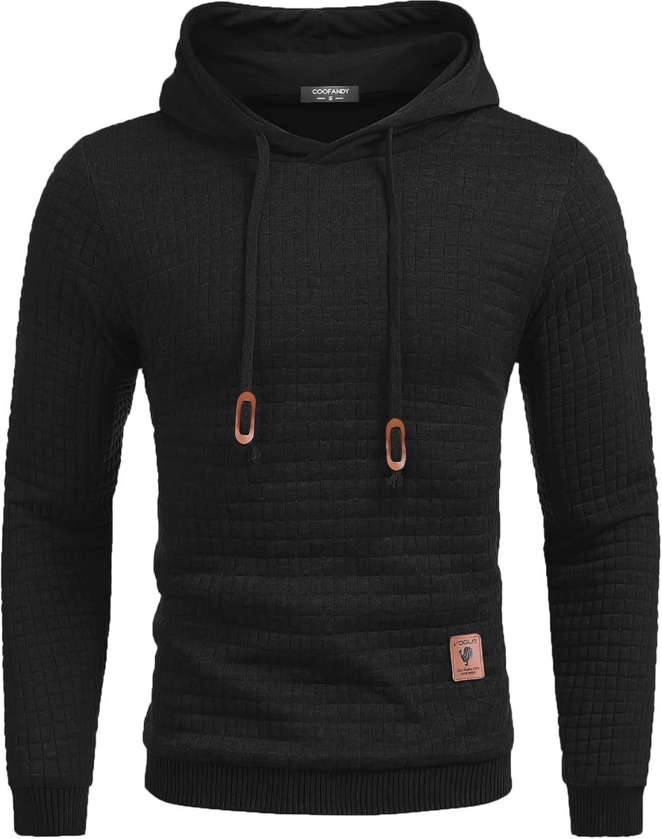 Heren hoodie met capuchon, lange mouwen, trekkoord, geruit, jacquard, zwart, XL