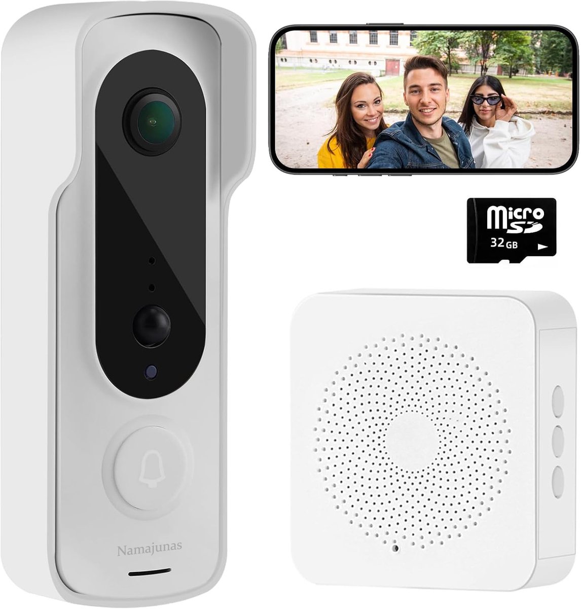 Namajunas - Draadloze Deurbel - Video Deurbel - Chime - Deurbellen Met Camera - Inclusief Binnenbel & SD-kaart(32GB) - Accu - Nachtvisie - Waterdicht - Mens- en bewegingsdetectie - Eenvoudige installatie - Namajunas - €49,95