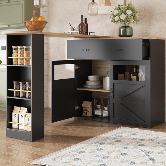 Kebnor Uittrekbare bartafel met opbergruimte, 360° draaibare eetbar, moderne beweegbare bartafel, hoogtafel, keukeneiland, bistrotafel, dressoirkast met planken, 138-204 x 39 x 104 cm, zwart