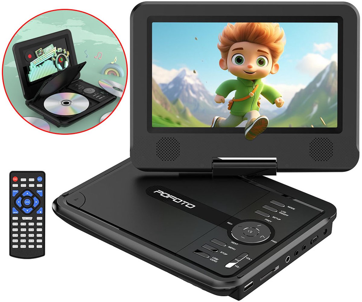 PD07 Draagbare DVD Speler Auto - 9,5" Draaibaar HD-Scherm - Draagbare DVD Speler - USB - 7.5 Inch Draaibaar HD Scherm - 4-6 Uur Speeltijd - Voor SD-kaart/USB/Sync TV - Zwart