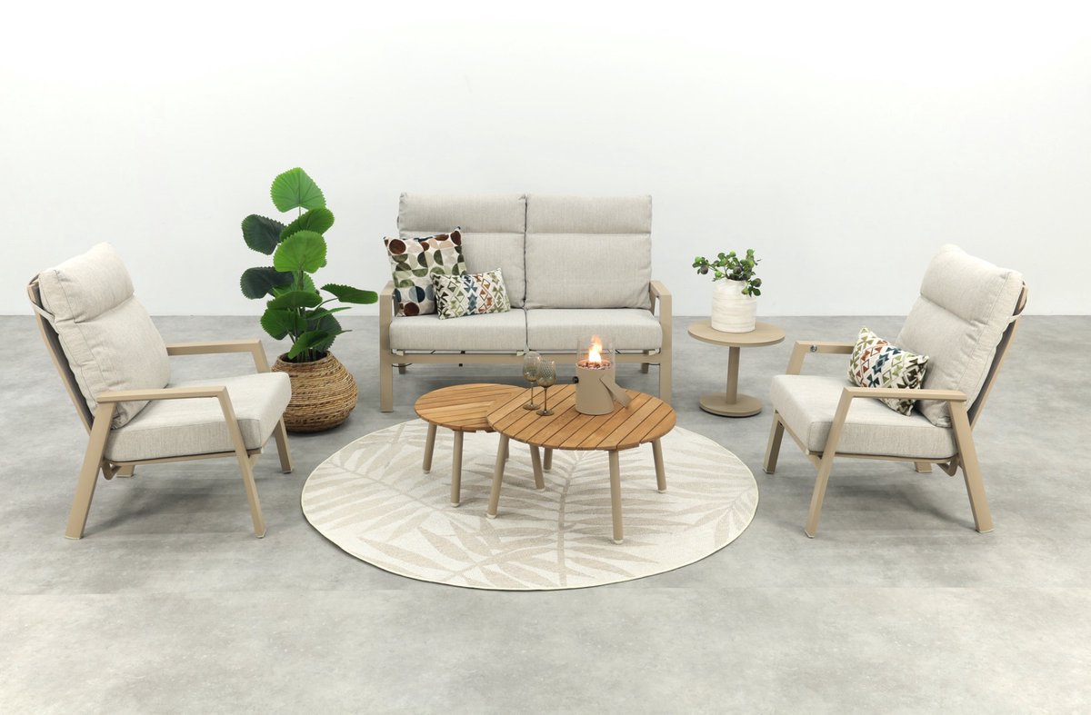 Lagos/Mindo (ronde loungetafelset) verstelbare 4-zits stoel-bank loungeset - Latte/Teak