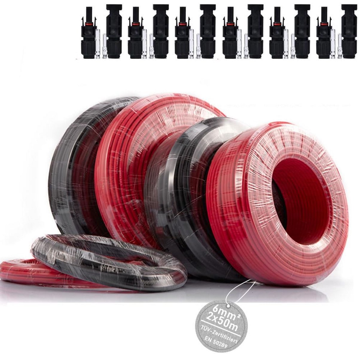 Professionele Zonnepanelen Kabel 6mm² - 2x50 Meter (Zwart + Rood) - 1800V & 9 AWG