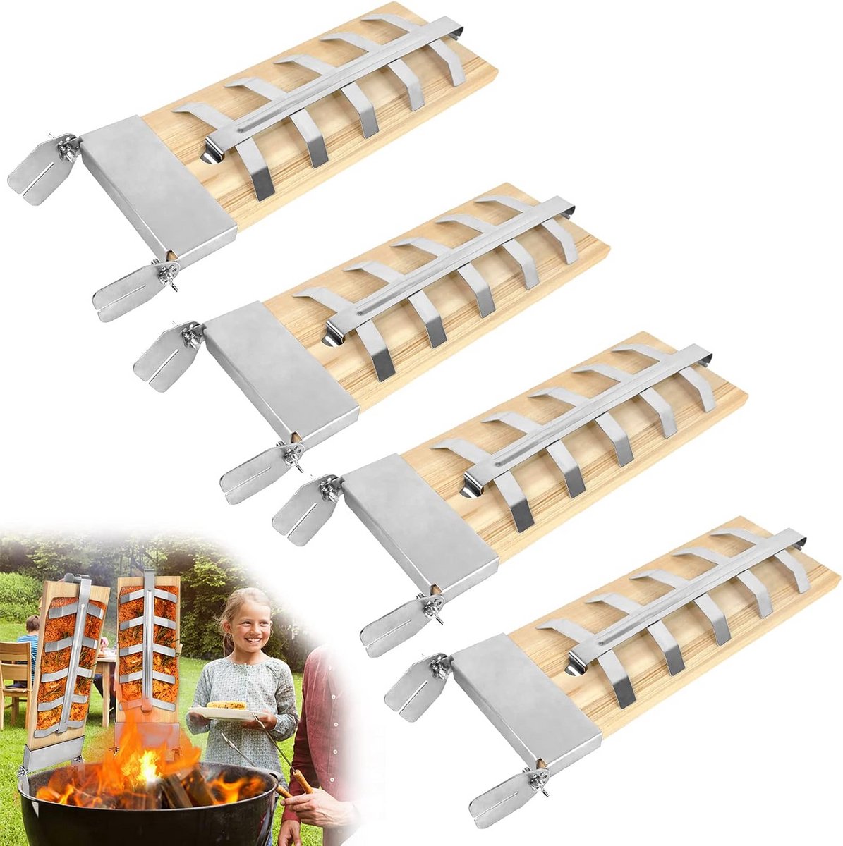 Cederhouten Grillplanken met RVS Houder voor Barbecue en Vuurschaal - 4 Stuks