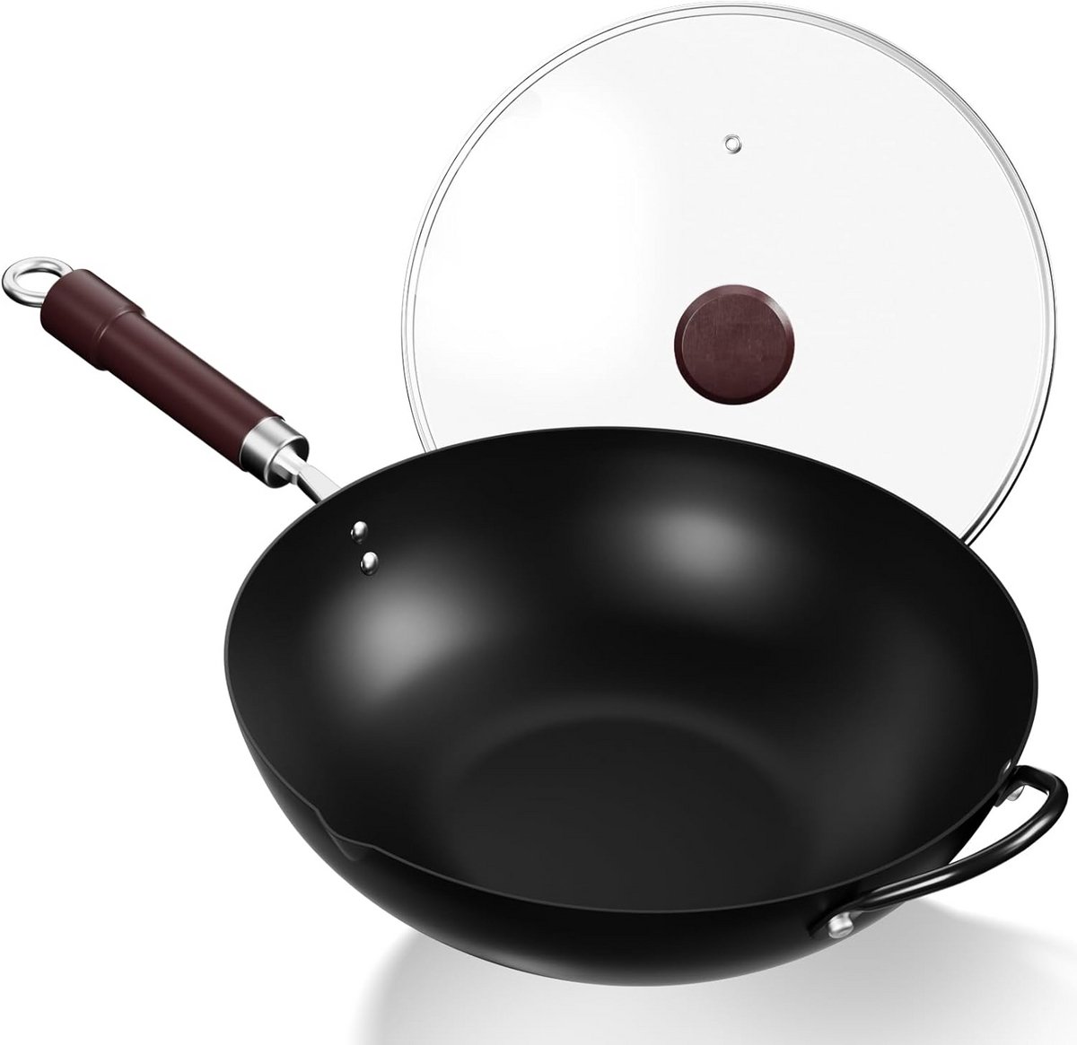 Koolstofstalen Wok Pan 32 cm met Deksel en Houten Handvatten - Voor Aziatisch Koken