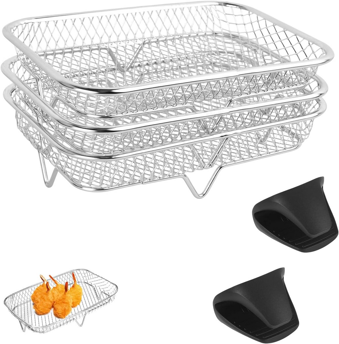 Set van 3 Stapelbare RVS Grillroosters voor Airfryer en Oven - BBQ, Bakken en Drogen