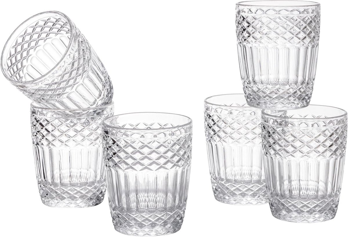 Set van 6 glazen met reliëfpatroon - 2,5 deciliter - Vaatwasmachinebestendig