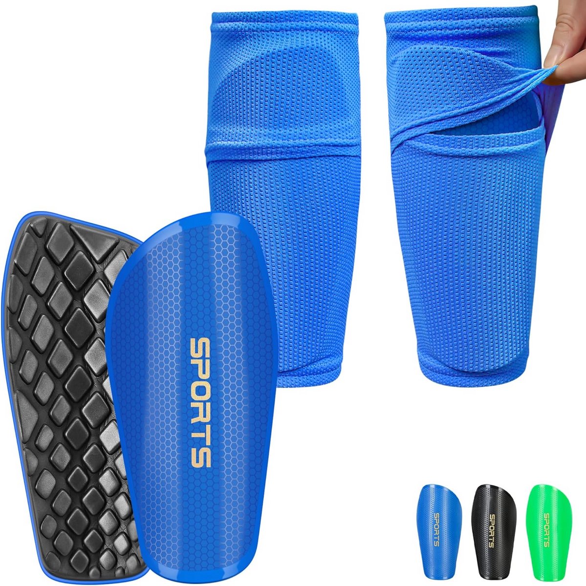 Scheenbeschermers met voetbalsokken en geïntegreerde anti-slip kuitbescherming voor kinderen en volwassenen, Blauw