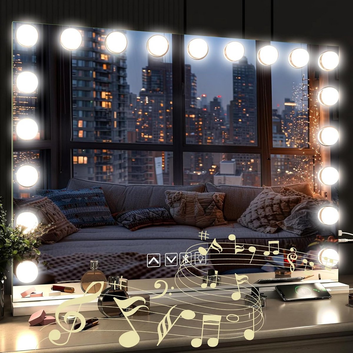 Grote Hollywood Make-up Spiegel 80x60 cm met 19 LED Lampen, Bluetooth & Touchscreen