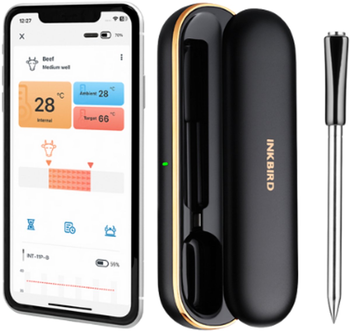 ElevateCommerce - INKBIRD Draadloze Vleesthermometer Bluetooth – Slimme BBQ & Grill Thermometer met App – IP67 Waterdichte Sonde – Voor Oven, Roken & Barbecue