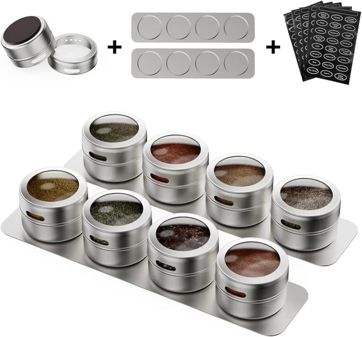 Set van 8 Magnetische Kruidenpotjes met Wandmontage en Etiketten
