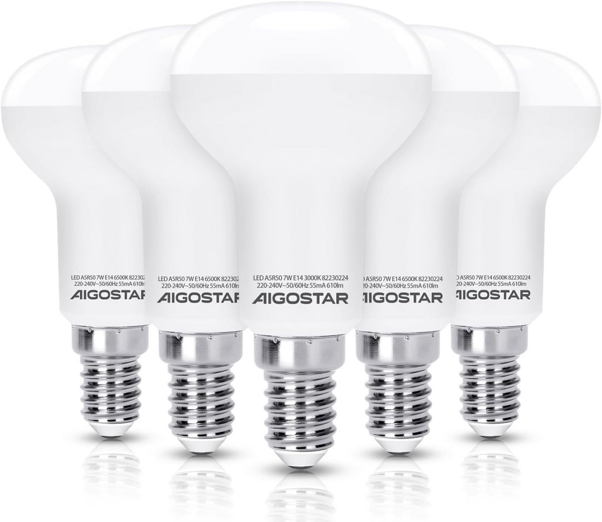 Set van 5 LED Reflectorlampen E14 R50, Warm Wit 3000K, 7W Vervangt 43W, 610 Lumen