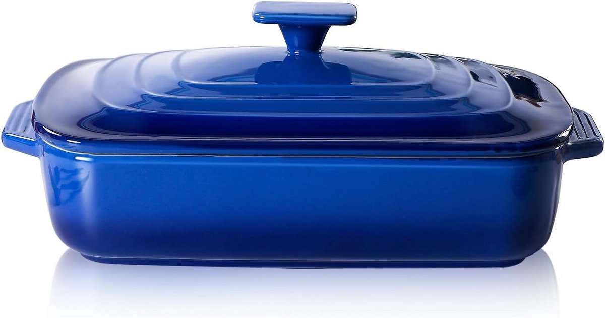Grote Keramische Braadpan met Deksel - 4.0 Liter Rechthoekige Schaal voor Oven en Serveren