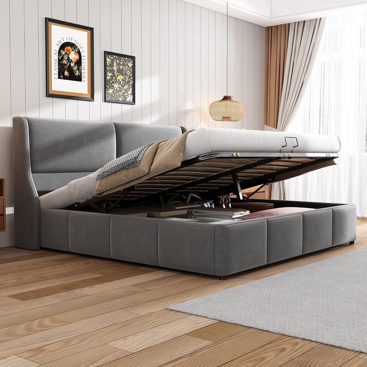 Gestoffeerd Tweepersoonsbed 180x200 cm Grijs met Opbergruimte en Lattenbodem