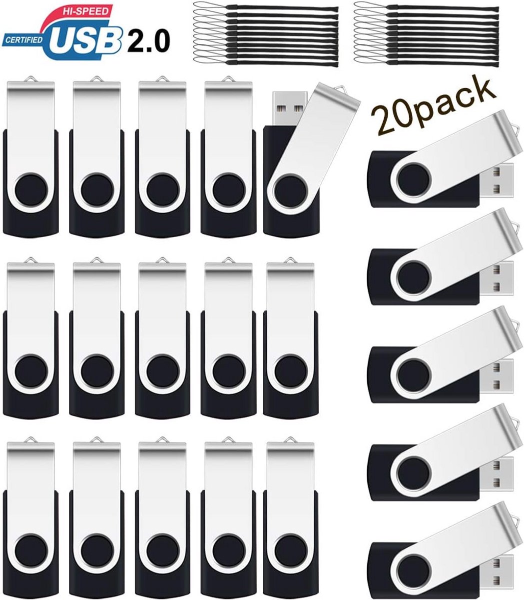20 Stuks 4GB USB Sticks Zwart - USB 2.0 Geheugenstick met LED Indicator en Lanyard