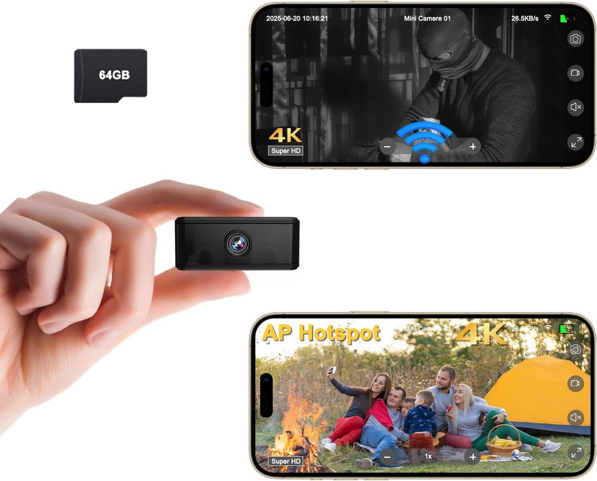 4K Mini Draadloze Beveiligingscamera met Nachtzicht en Bewegingsdetectie