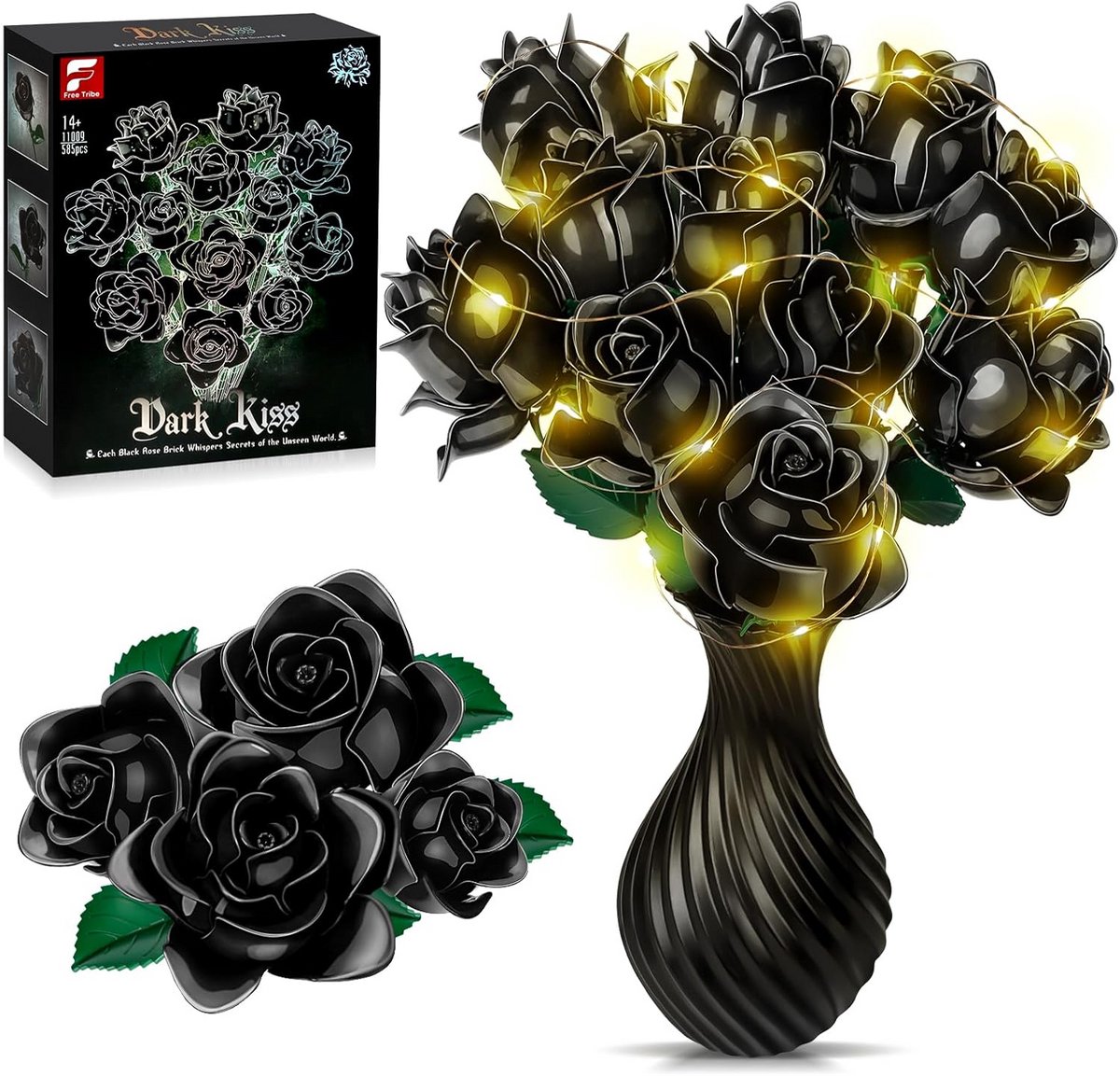 Zwart Rozenboeket Bouwset met LED-verlichting en Keramische Vaas - Bloemen Cadeau