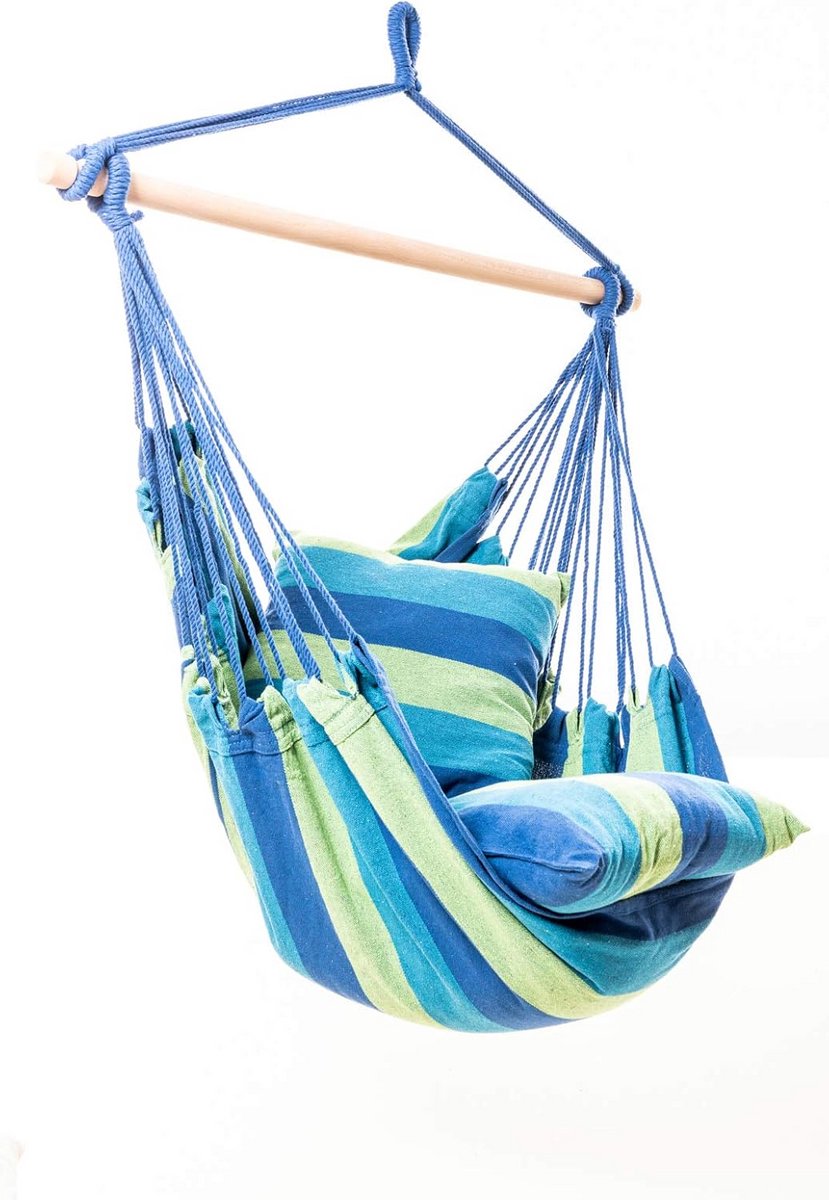 Hangmat Hangstoel voor Binnen en Buiten met Houten Dwarsbalk - Blauw Gestreept