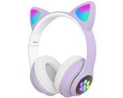 Paarse en witte kinderkoptelefoon - draadloze over-ear koptelefoon - kinderkoptelefoon - in-ear Bluetooth-microfoon - kattenoortjes - met licht - roze