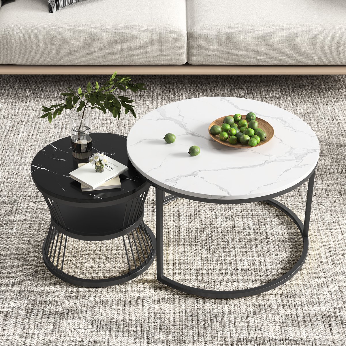 Nesttafels Set van 2 – Ronde Salontafel & Bijzettafel – Design Metalen Frame – Marmerlook Tafelblad – Moderne Woonkamer