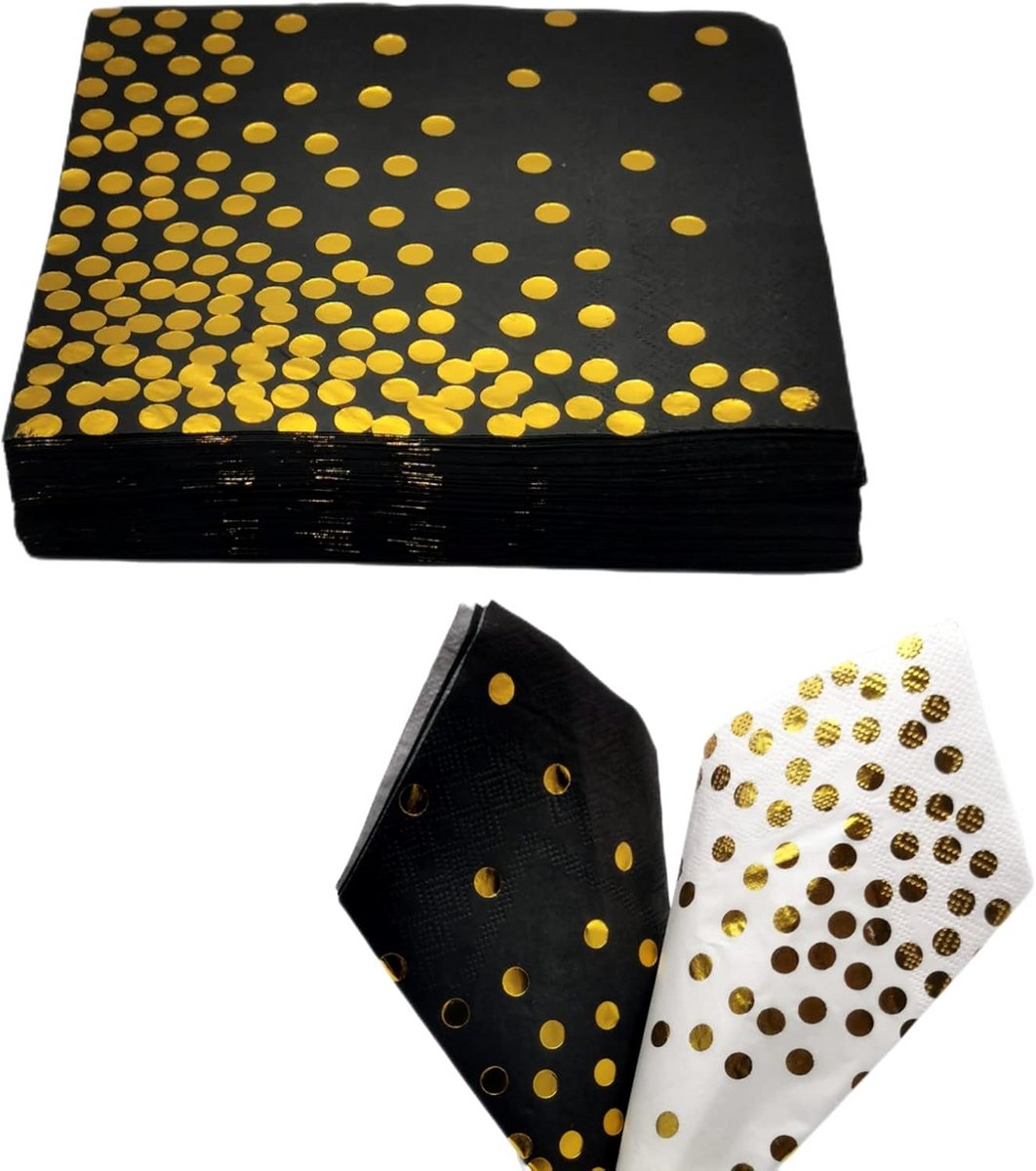 Zwart en Gouden Polka Dot Party Servetten - 50 Stuks 33x33CM