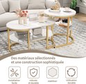 Salontafel set met marmerlook blad en gouden frame. Iconen tonen installatie, stevigheid, stabiliteit en duurzaamheid.