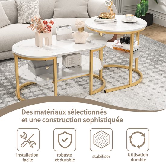 Salontafel set met marmerlook blad en gouden frame. Iconen tonen installatie, stevigheid, stabiliteit en duurzaamheid.
