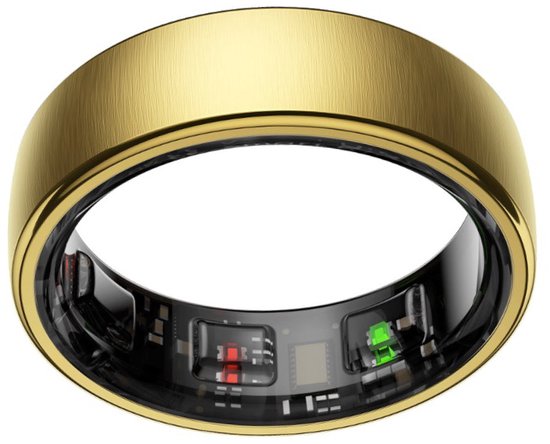 Gouden ring met zichtbare interne technologie en rode en groene LED's.