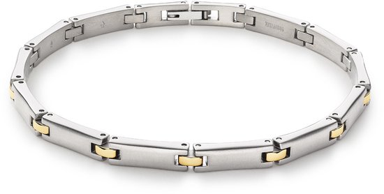Boccia Titanium zilverkleurige schakelarmband met gouden accenten. Mat metaal.
