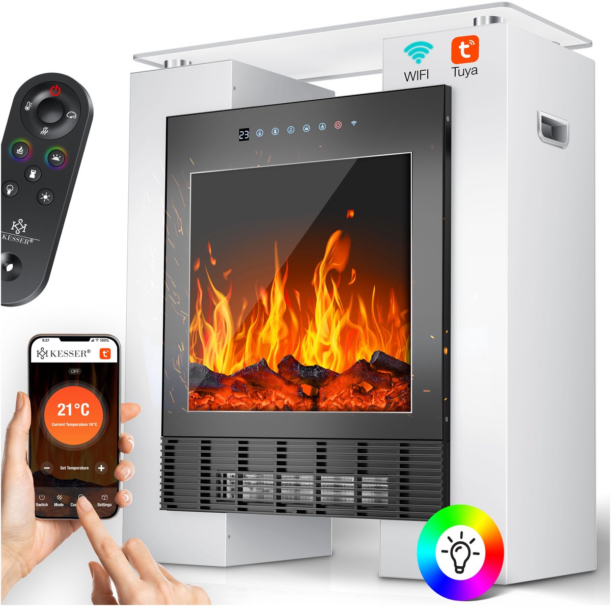 KESSER® Elektrische Sfeerhaard – 1800W Verwarming met LED Vlameffect & App Bediening
