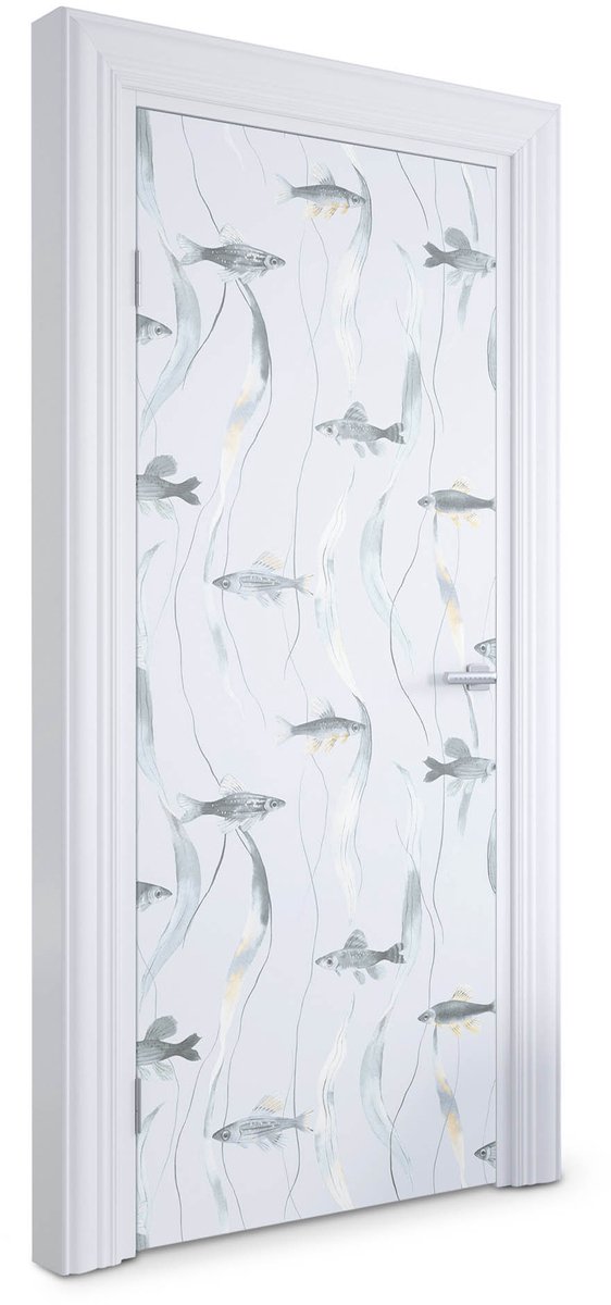 Wallfluent Deursticker - Vis en zeewier Deurbehang Sticker - 85 x 205 cm - Lichtblauw Deurbehang - Moderne Deur Sticker - Dieren Deurposter - Deursticker voor de Badkamer - Deur plakfolie