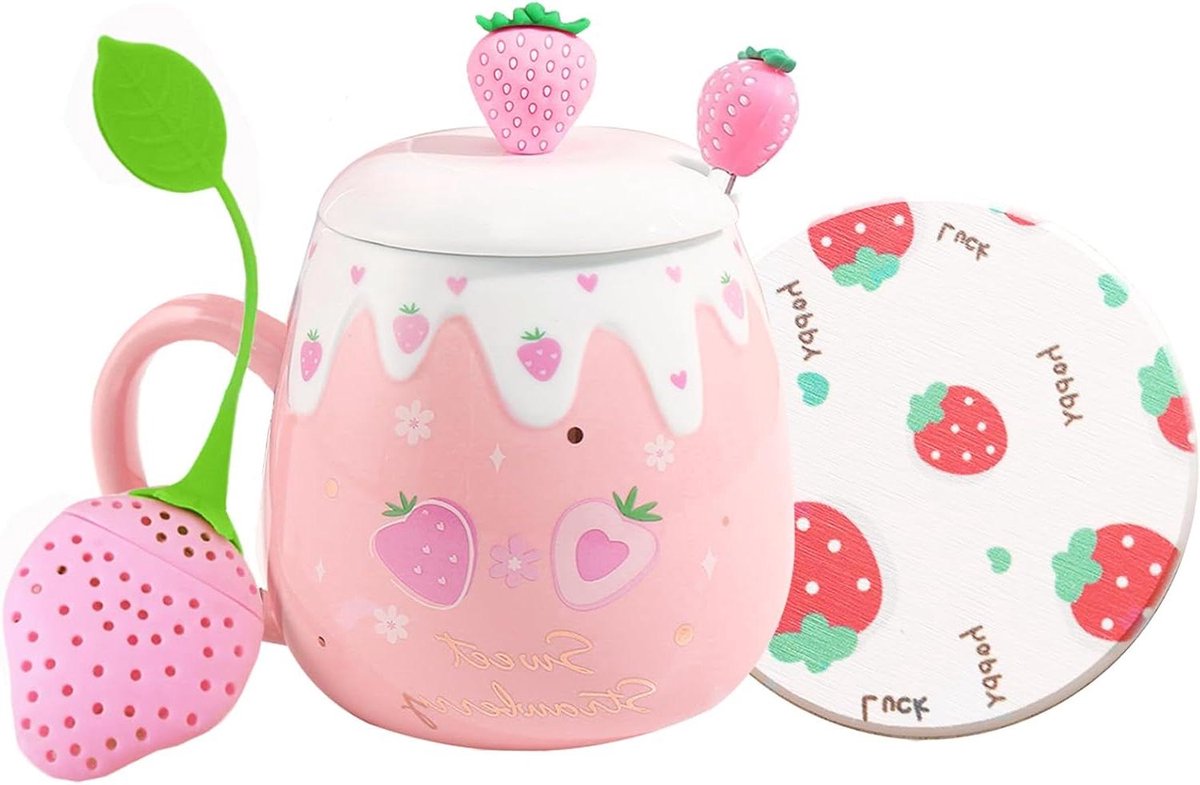 CSGoods - Aardbeien mokken roze kawaii beker - ochtend thee melk - deksel en lepel - creatieve nieuwigheid- verjaardag Valentijnsdag Kerstmis