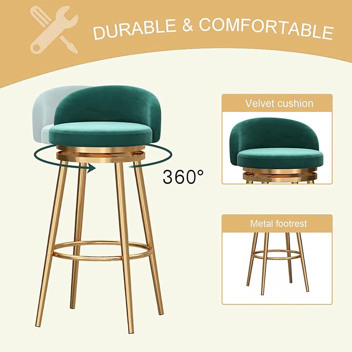 Set van 2 Luxe Barstoelen 65 cm - Gewatteerd 360° Draaibare Bistro Stoelen met Rugleuning en Voetsteun - Designer Velvet Barstoelen voor Keuken, Eiland, Bar, Woonkamer, Café - Modern Comfortabel en Stijlvol