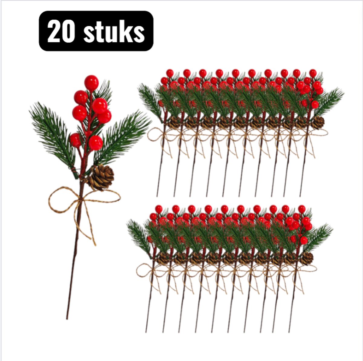 20 stuks - c - Kerstkrans - Kunst Dennentakken met Bessen - 25X5cm - Kerst Takken Decoratie met Juten Strik - Kerststukjes - Realistische Kerststukjes Takken