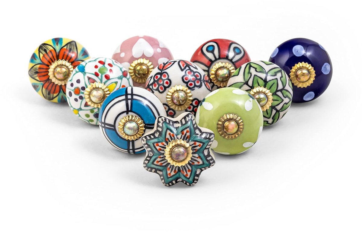 TRANKIELO® - Keramische knoppen met handbeschilderd antiek boho-design – Multicolor set van 10 voor meubels