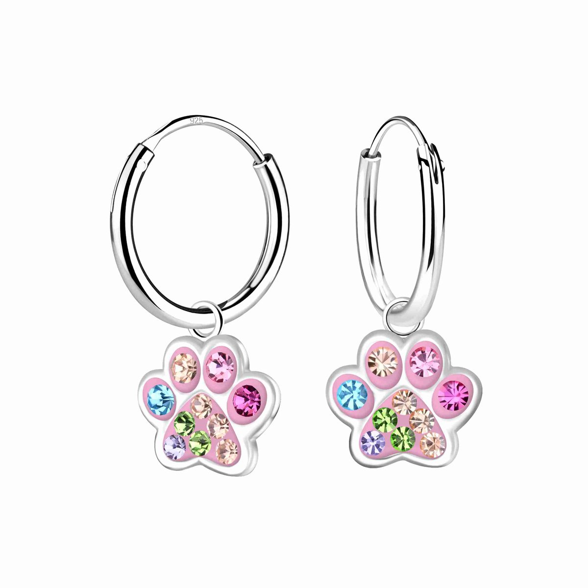 K3 - Zilveren oorringen met roze dierenpoot en kristallen - 8mm