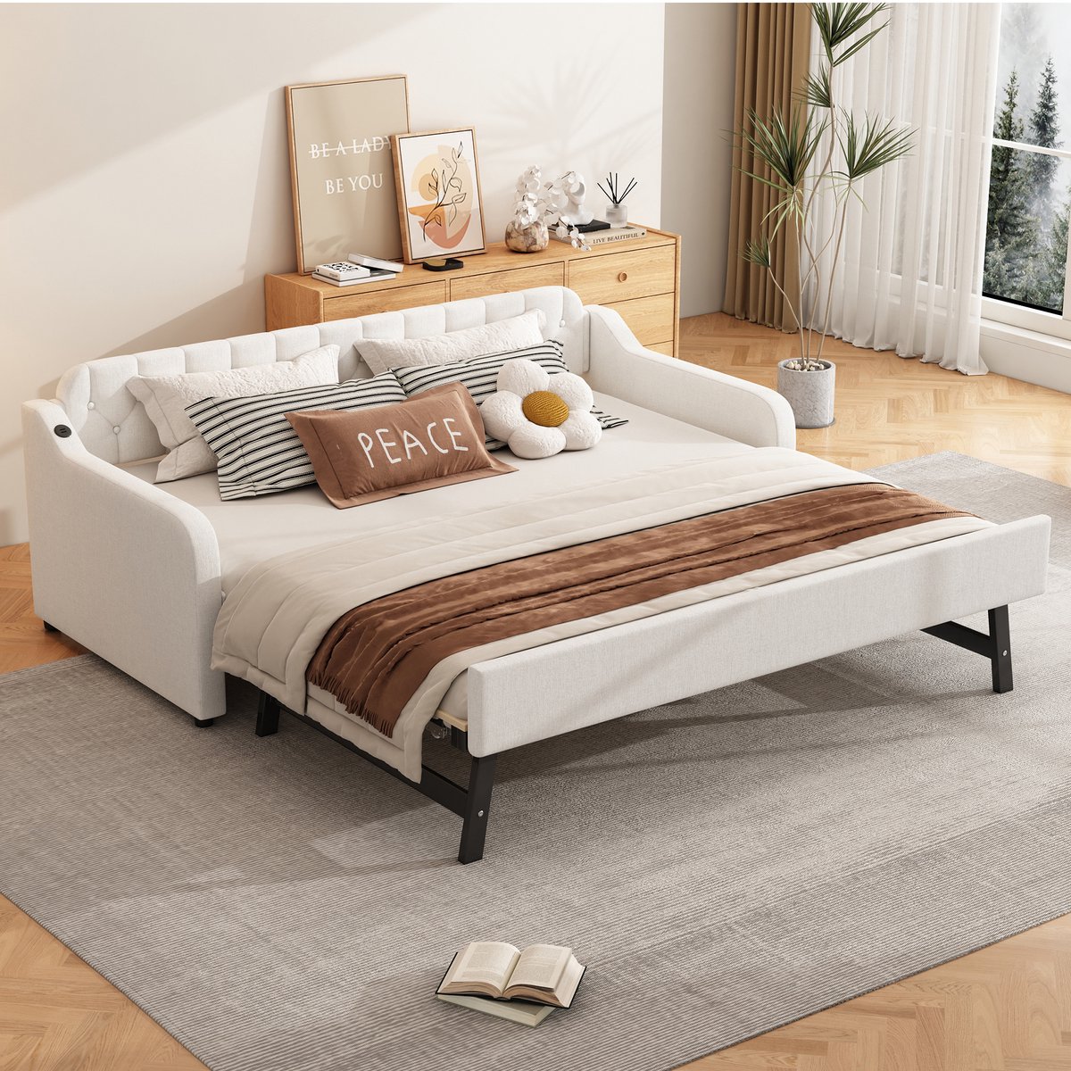 SONNENH Slaapbank 90x200cm - Beige Linnen stof - Uitschuifbaar onderstel - USB-aansluiting - Hoogwaardige materialen - Elegant design - Multifunctioneel gebruik