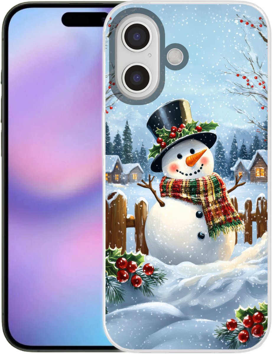 Telefoonhoesje Geschikt voor iPhone 17 hoesje - Sneeuwpop - Winterdorp - Kleurrijk - Siliconen Telefoonhoesje Telefoonhoesje