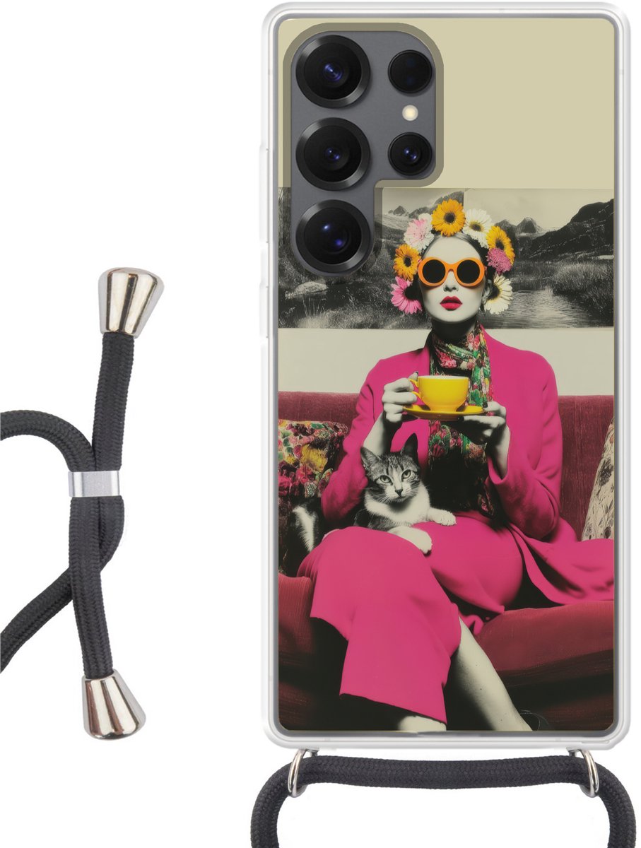 Vrouw - Kat - Bloemen - Kopje - Retro