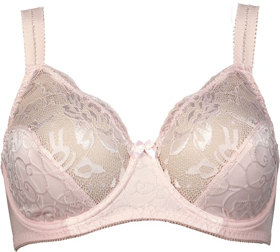 Lichtroze beha met transparante kanten cups, een strikje en roze randjes.
