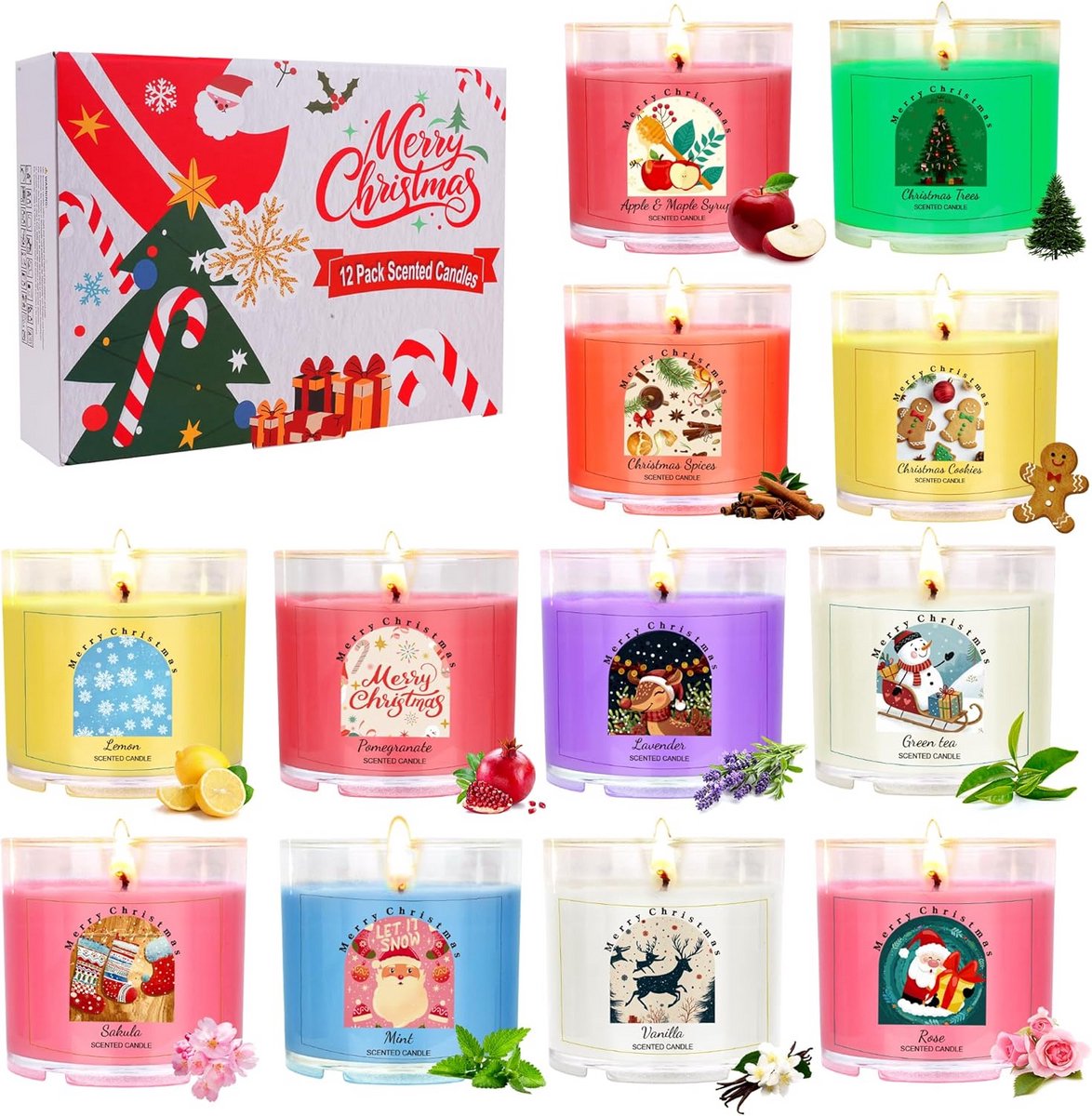 Set van 12 Kerstgeurkaarsen in Acrylhouders